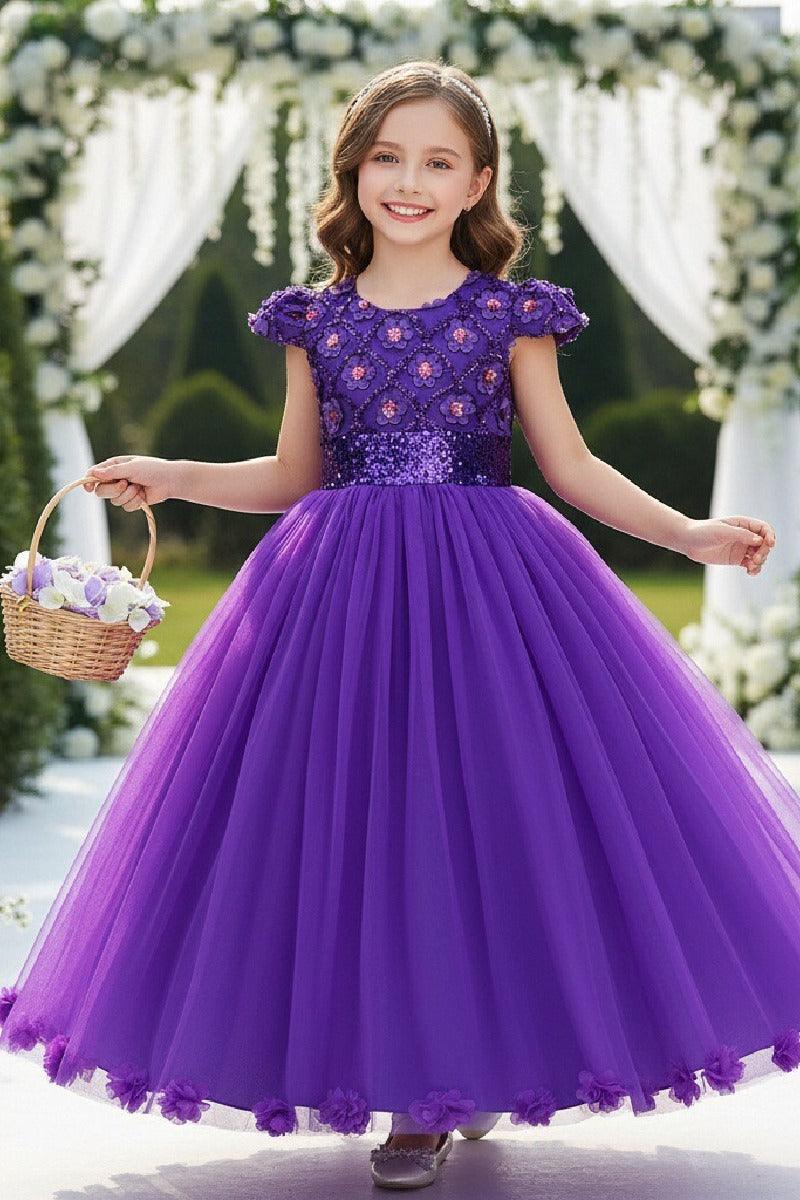 A-Line Cap Sleeve Floor Length Tulle Lace Flower Girl Dresses 1029258786044 - 7 Days / Purple / 110cm - COCOMELODY